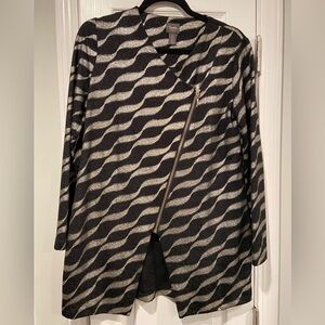 Chicos Size S Black Metallic Wavy Striped Asymmetrical Zip-Up Jacket Zebra Tunic